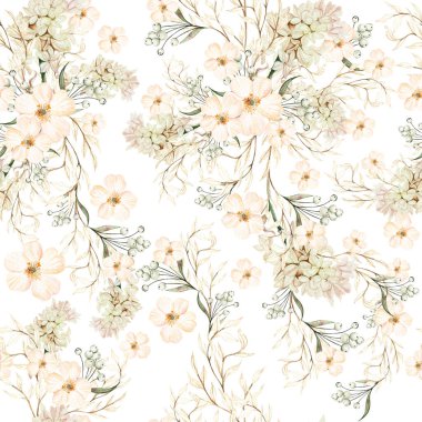 Watercolor seamless pattern with autumn wildflowers, berries and leaves. Illustration