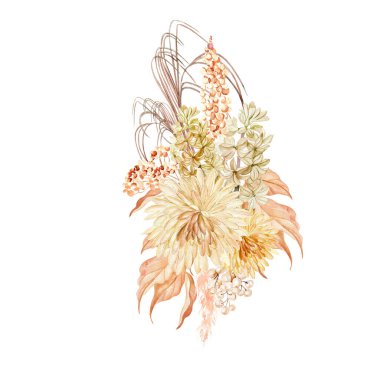Watercolor autumn bouquet with chrysanthemum flowers, leaves and berries. Illustration