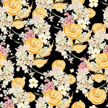 Watercolor seamless pattern with autumn flowers chrysanthemums, ranunculus, berries and leaves. Illustration