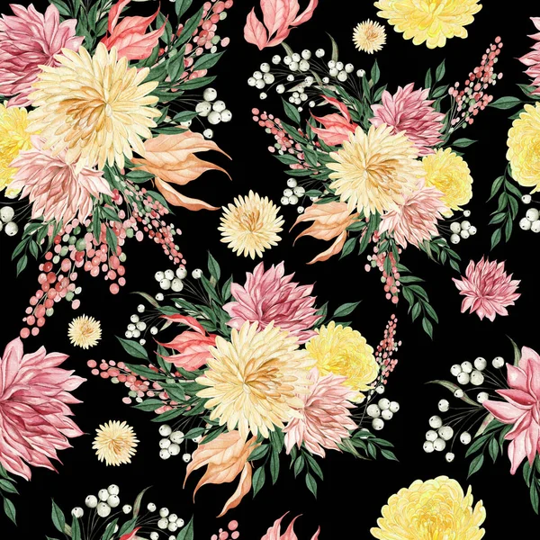 Watercolor Seamless Pattern Autumn Flowers Chrysanthemums Berries Leaves Illustration — ストック写真