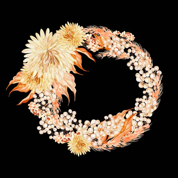 Watercolor Autumn Wreath Chrysanthemum Flowers Leaves — 图库照片