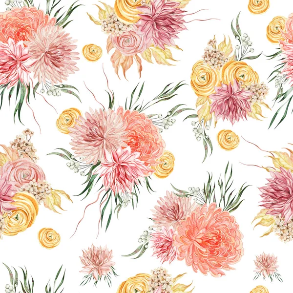 Watercolor Seamless Pattern Autumn Wildflowers Berries Leaves Illustration — 图库照片