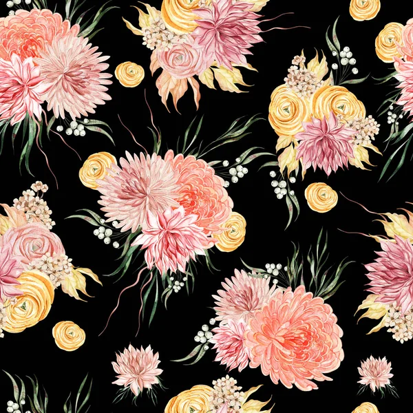 Watercolor seamless pattern with autumn wildflowers, berries and leaves. Illustration