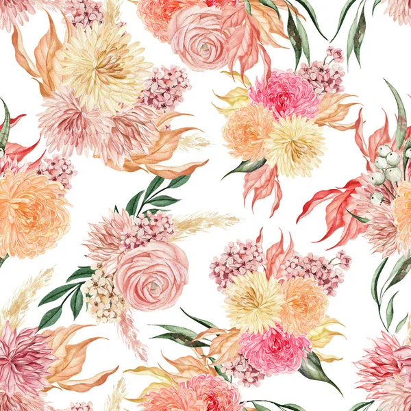 Watercolor seamless pattern with autumn wildflowers, berries and leaves. Illustration