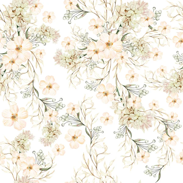 Watercolor Seamless Pattern Autumn Wildflowers Berries Leaves Illustration — 图库照片