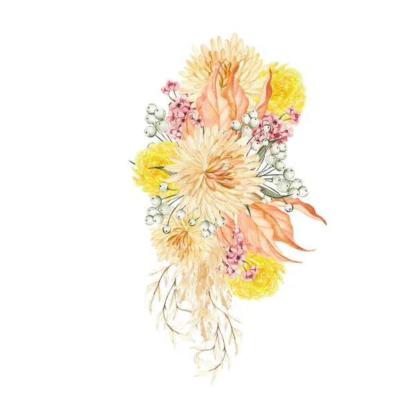 Watercolor Autumn Bouquet Chrysanthemum Flowers Leaves Berries Illustration — ストック写真