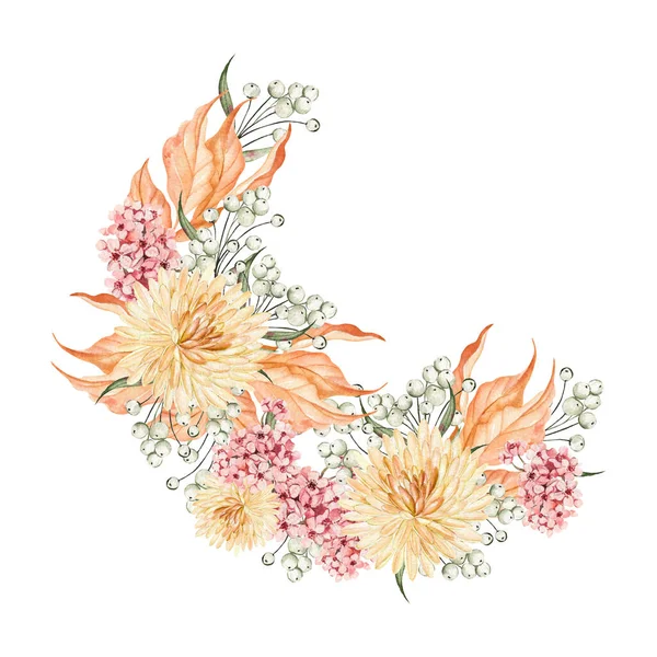 Watercolor Autumn Wreath Chrysanthemum Flowers Leaves — Foto Stock