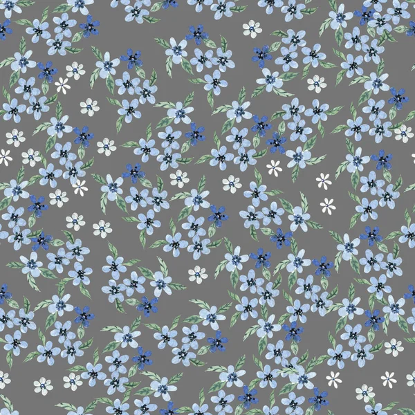 Watercolor Sesmless Pattern Blue Flowers Leaves Illustration — Stok fotoğraf