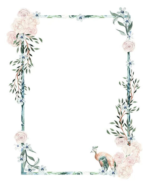 Watercolor Frame Rose Flowers Leaves Illustration — ストック写真