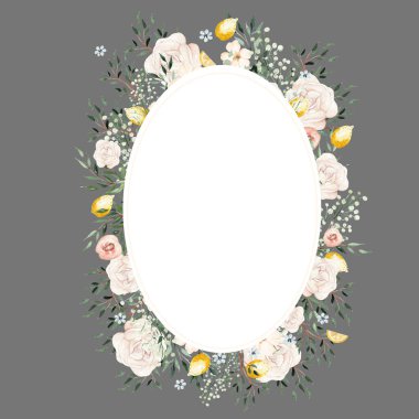 Watercolor card with citrus and leaves, different flowers. Illustration