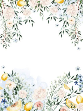 Watercolor card with citrus and leaves, different flowers and bird peacoc. Illustration