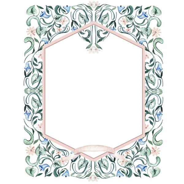 Watercolor frame with flowers and different leaves. Illustration.