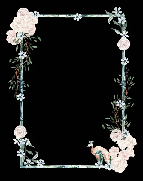 Watercolor Frame Rose Flowers Leaves Illustration — 图库照片