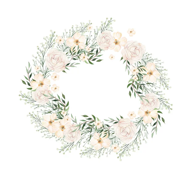 Watercolor Wreath Different Flowers Leaves Illustration — Photo