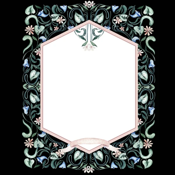 水彩画框 有花朵和不同的叶子 说明1 — 图库照片