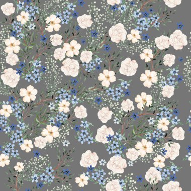 Watercolor seamless pattern with pink and blue flowers and leaves, different leaves. Illustration