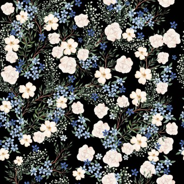 Watercolor seamless pattern with pink and blue flowers and leaves, different leaves. Illustration