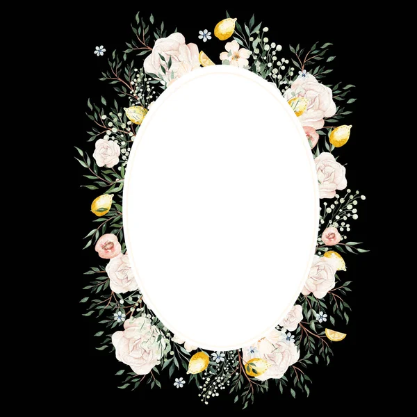 Акварельна Листівка Цитрусами Листям Різні Квіти Ілюстрація — стокове фото