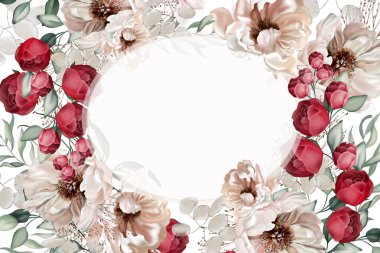 Şakayık, gül ve okaliptüs yapraklı zarif bir kart. Görüntü