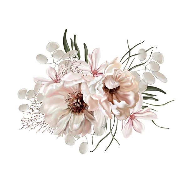 Elegantes Bouquet Mit Pfingstrosen Rosen Und Eukalyptusblättern Illustration — Stockfoto