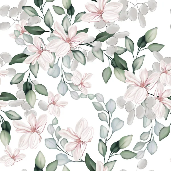 Padrão Elegante Sem Costura Com Peônias Rosas Folhas Eucalipto Ilustração — Fotografia de Stock