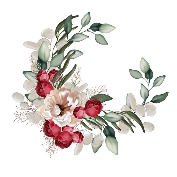 Eleganter Kranz Mit Pfingstrosen Rosen Und Eukalyptusblättern Illustration — Stockfoto
