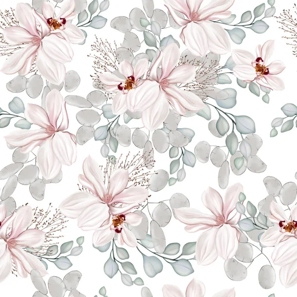 Elegantes Nahtloses Muster Mit Pfingstrosen Rosen Und Eukalyptusblättern Illustration — Stockfoto