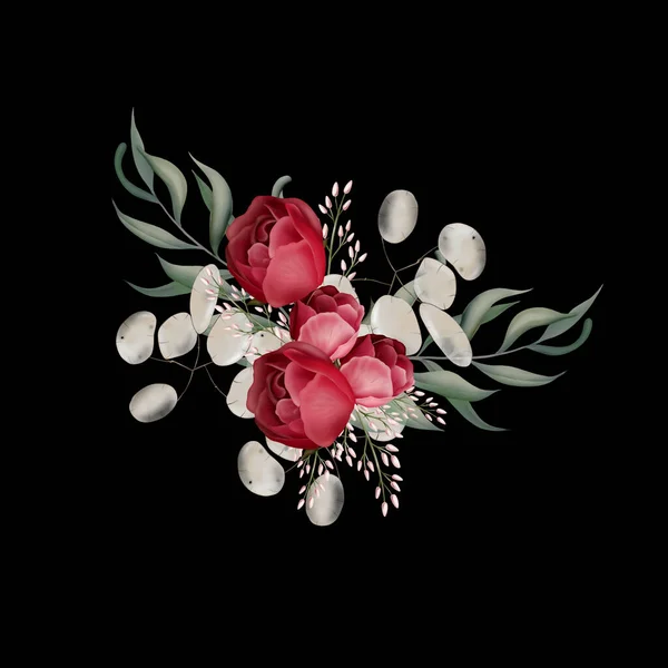 อดอกไม หราด วยดอกโบต นดอกก หลาบและใบย คาล ภาพประกอบ — ภาพถ่ายสต็อก