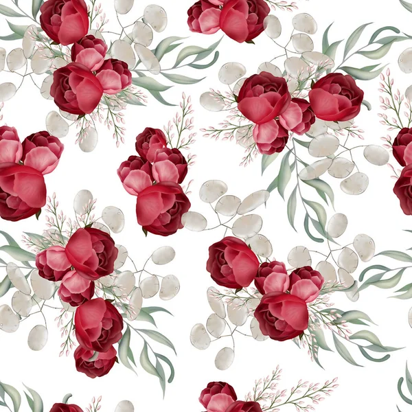 Élégant Motif Sans Couture Avec Pivoines Roses Feuilles Eucalyptus Illustration — Photo