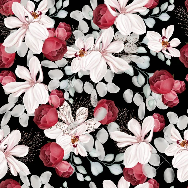 Elegante Patrón Sin Costuras Con Peonías Rosas Hojas Eucalipto Ilustración —  Fotos de Stock