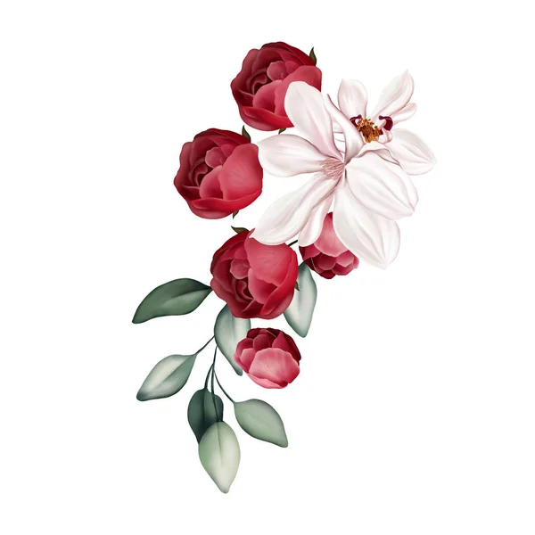 Elegantes Bouquet Mit Pfingstrosen Rosen Und Eukalyptusblättern Illustration — Stockfoto