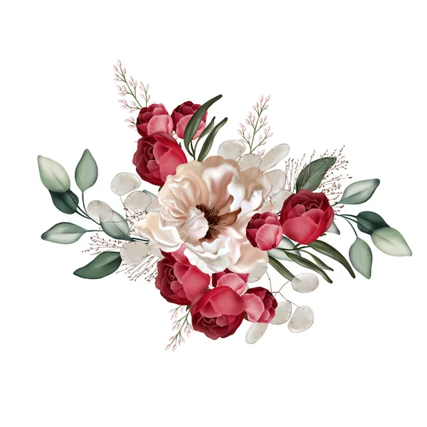 Elegant bouquet with peonies, roses and eucalyptus leaves. Illustration