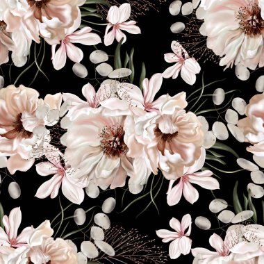 Şakayık, gül ve okaliptüs yapraklı zarif ve pürüzsüz bir desen. Görüntü