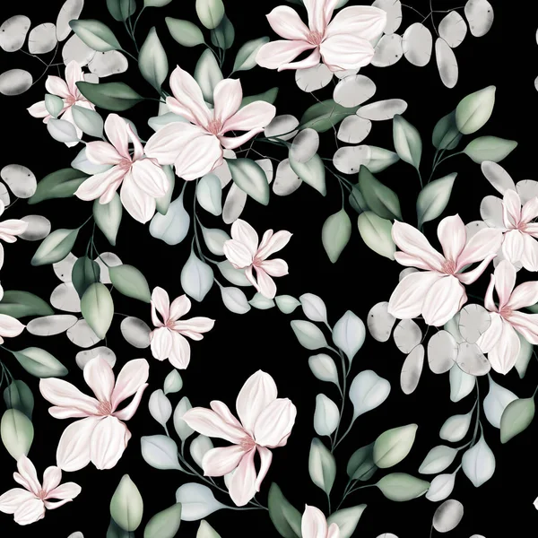 Элегантный Бесшовный Узор Пионами Розами Эвкалиптовыми Листьями Иллюстрация — стоковое фото