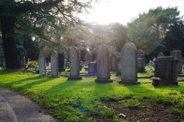 Mezarlıktaki çimlerin üzerine güneş batmış uzun gölgeler bırakan bir mezar taşı sırası.