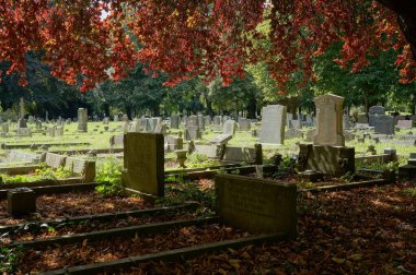 Viktorya Mezarlığı 'nda asılmış mezar taşları. Boston Lincs