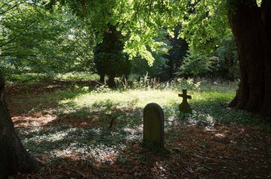 Grave stone in the shape of a cross in a woodland cemetery with filtered sunlight on the grass during summer
