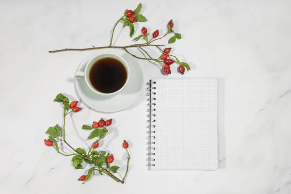 Mock Blank Spiral Notebook Page Light Gray Marble Table Coffee — Stock Photo, Image