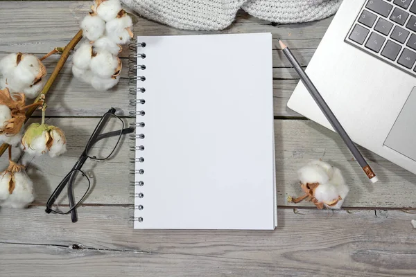 Blank White Spiral Notebook Mock Gray Rustic Wooden Table Glasses — Stock Photo, Image