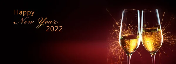 Feliz Ano Novo 2022 Texto Tempo Festa Com Dois Copos — Fotografia de Stock