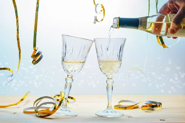 Pouring Champagne Bottle Two Glasses Toast New Year Other Celebrations — Stockfoto