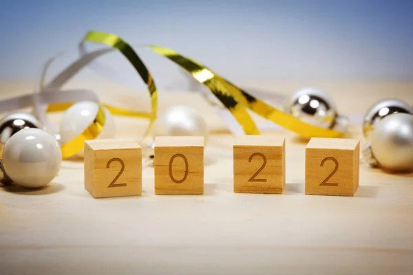 Cubos Número Madeira Mostrando Ano Novo 2022 Decoração Natal Contra — Fotografia de Stock