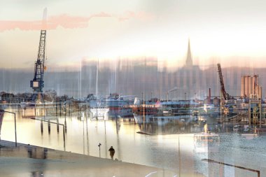 Abstract blurry scene in the port of Lubeck with boats, cranes and a waiting person in the evening sun, long term and double exposure with ICM or intentional camera movement, art in industry concept, copy space clipart