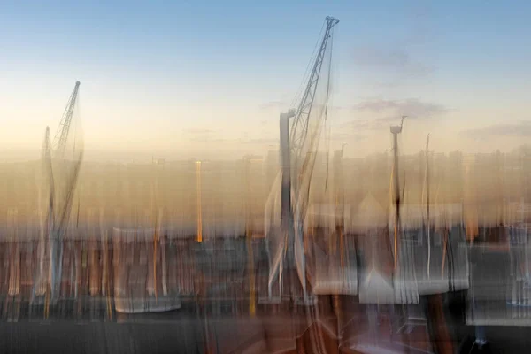 Abstract Blurred Harbor Situation Lubeck Boats Cranes Evening Sun Long — 图库照片