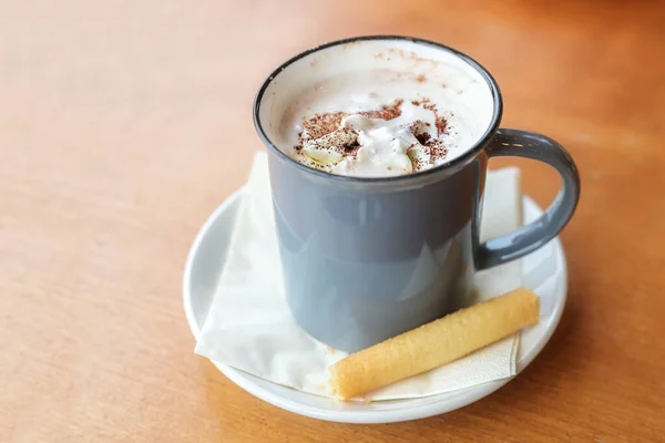 Hot Drinking Chocolate Whipped Cream Cocoa Sprinkles Served Cookie Blue — Stock Photo, Image