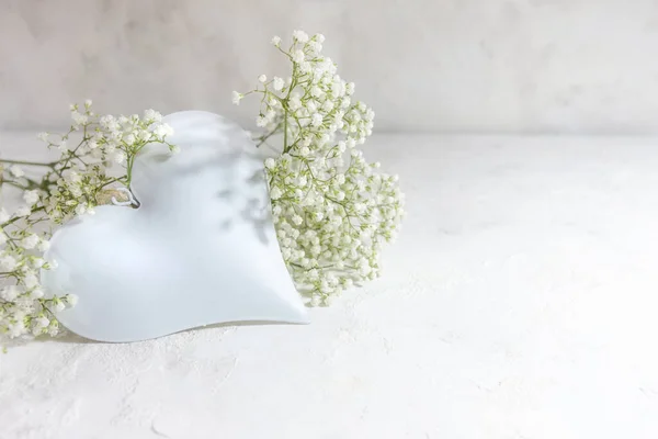 White Colored Heart Shape Gypophila Flowers Light Background Love Concept — стоковое фото