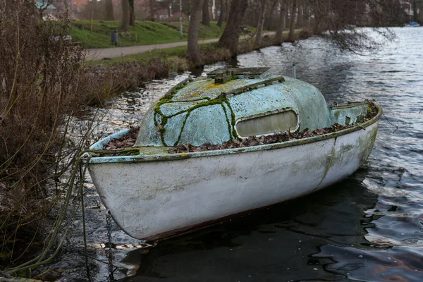Verlassenes Kleines Kajütboot Aus Glasfaserverstärktem Kunststoff Überwachsen Mit Moos Und — Stockfoto