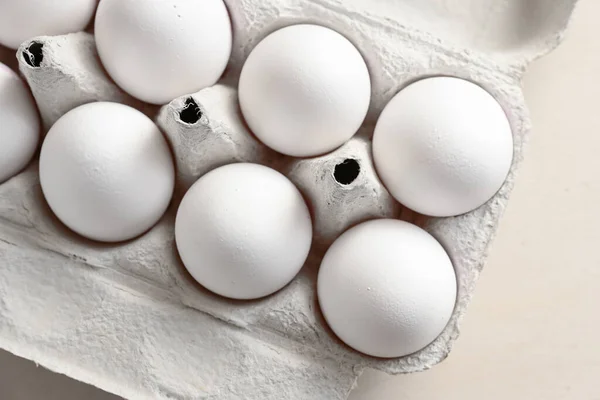 Parte Una Caja Cartón Con Huevos Blancos Frescos Ingrediente Para — Foto de Stock