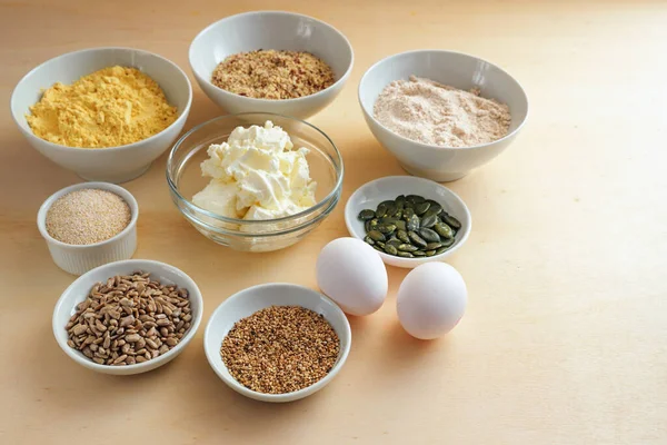 Ingredientes Tigelas Para Pão Saudável Baixo Carboidrato Com Proteína Farinha — Fotografia de Stock