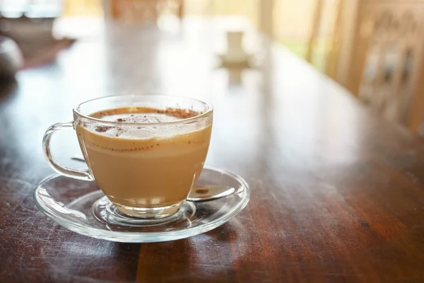 Coffee Milk Foam Glass Cup Large Brown Table Copy Space — Stock Photo, Image